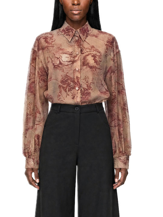 Long Sleeve Women's Shirt Beige-Burgundy