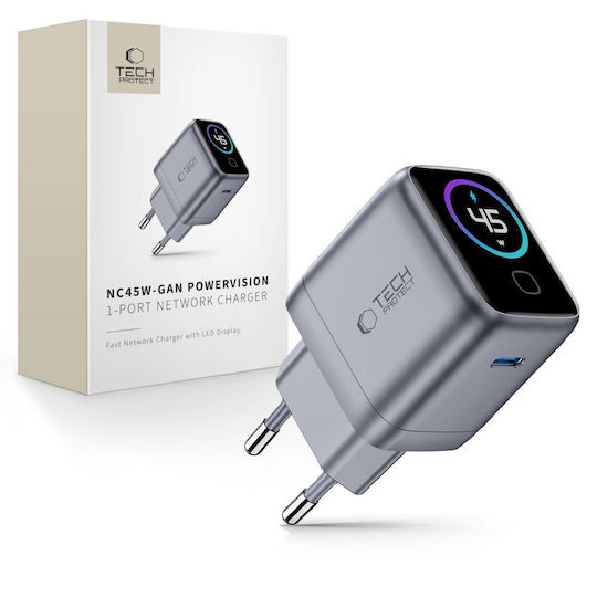 Tech-Protect Handyladegerät Ohne Kabel mit USB-C Ausgangsanschlüsse 45W Stromlieferung Dunkelgrau (Powervision NC45W-GAN)