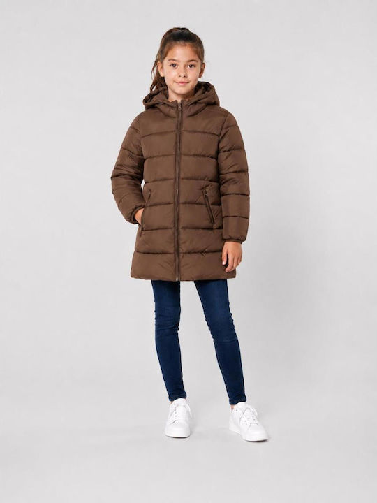 Kids Long Denim Jacket with Hood Brown