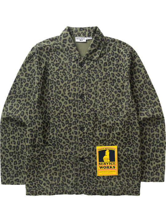 Short Sleeve Cotton Shirt in Wide Line Green Leopard