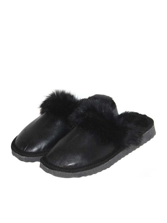 Leather Winter Women's Black Slippers