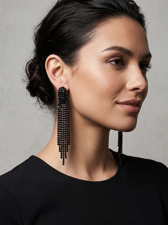Sk3598 Дълги Statement Обици Водопад Пискюли Черни Кристали – Grekas Jewelry