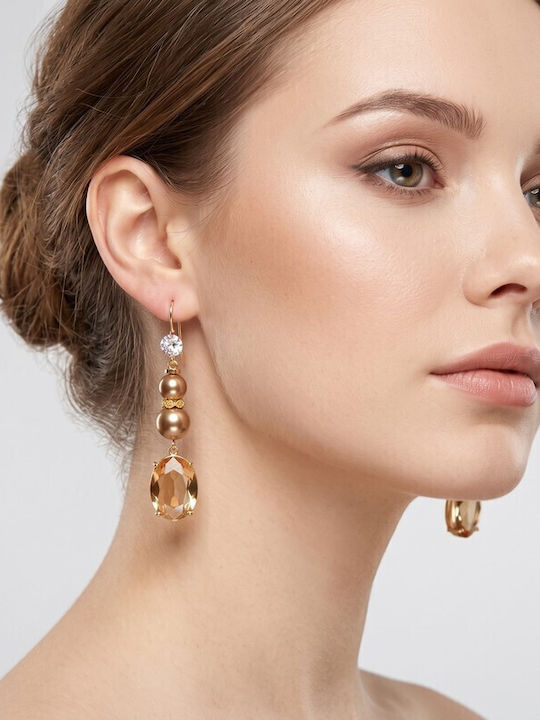 Sk3584 Дълги Висящи Обици Бронзови Перли и Кехлибарен Кристал – Grekas Jewelry