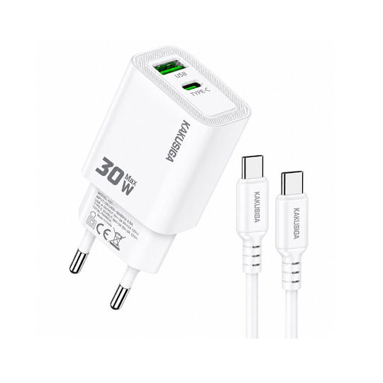 Kakusiga Încărcător cu Port USB-A și Port USB-C și Cablu USB-C - USB-C Alb (KSC-2214)
