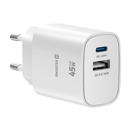 Swissten 45w Usb-c Power Delivery Charger Usb-a Quick Charge 3.0 18w White
