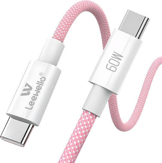 Leewello Braided USB-C Male To USB-C 60W PD Pink 1m Cable