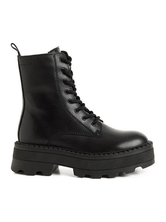 Leder Damen Stiefeletten mit Mittelhohem Absatz Schwarz
