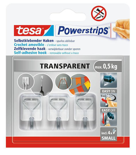 Tesa 58620-00003-00 Κρεμαστράκια με Αυτοκόλλητο Πλαστικά Διάφανα 3τμχ
