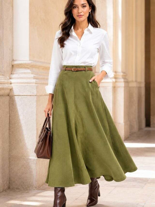 Plissierte Maxi Damenrock Olive Grün