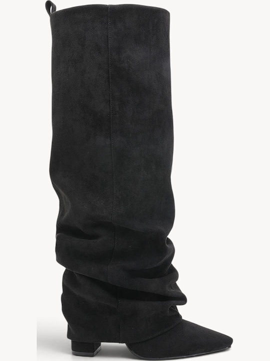 Black Suede Boots Ruched Block Heel