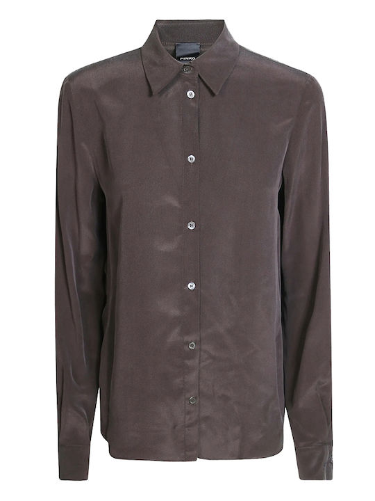 Langärmeliges Damen-Satin-Halbknopfhemd Braun