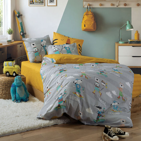 Nef-Nef Homeware Сет Единични Спални Комплекти с Ластик Памучни Cool Skating Сив 170x260см 3 Бройки