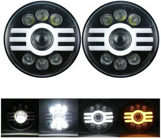 Комплект 2 Бройки Универсален 7 Инча 18см LED Халоген 12v-24v Ниска Висока Лъч DRL Дневни Светлини Индикатор Бяло-Жълт 5000lm