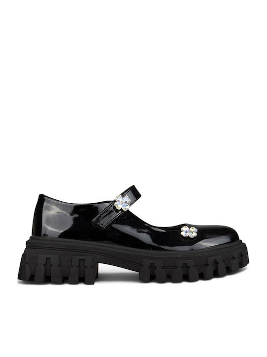 Kids Ballerinas With Hoop & Loop Closure Black Patent Leather