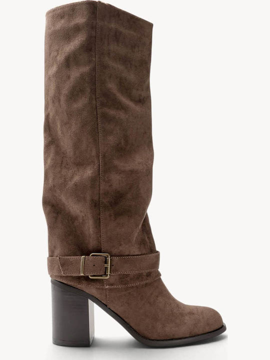 Cizme Bej din Suede cu Curea Toc Gros Înalt
