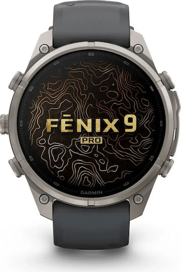 Garmin Fenix 9 Pro Titanium 47mm Αδιάβροχο Smartwatch με Παλμογράφο (Titanium with Graphite/Black Silicone Band)