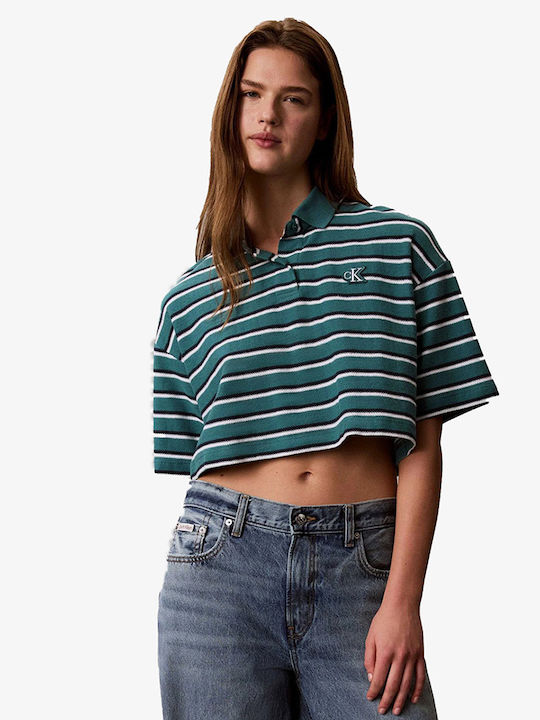 Calvin Klein Дамска Поло Блуза Райета Тюркоазена