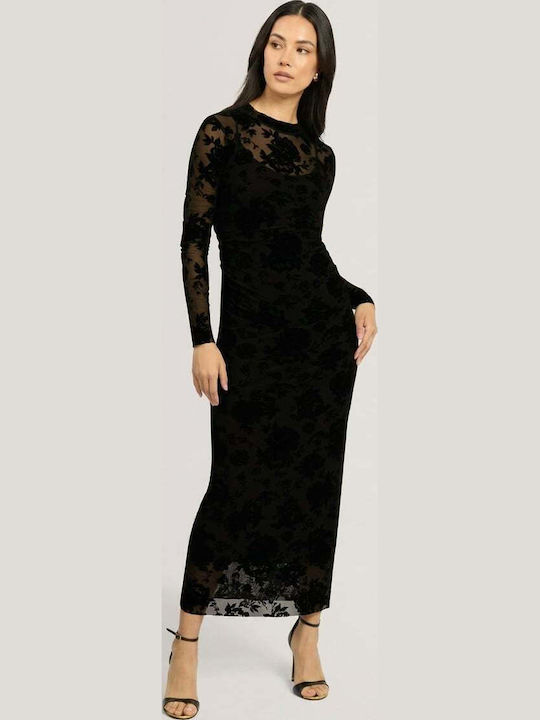 Ted Baker Midi Вечерна Рокля Кадифена С Прозрачни Елементи Черен