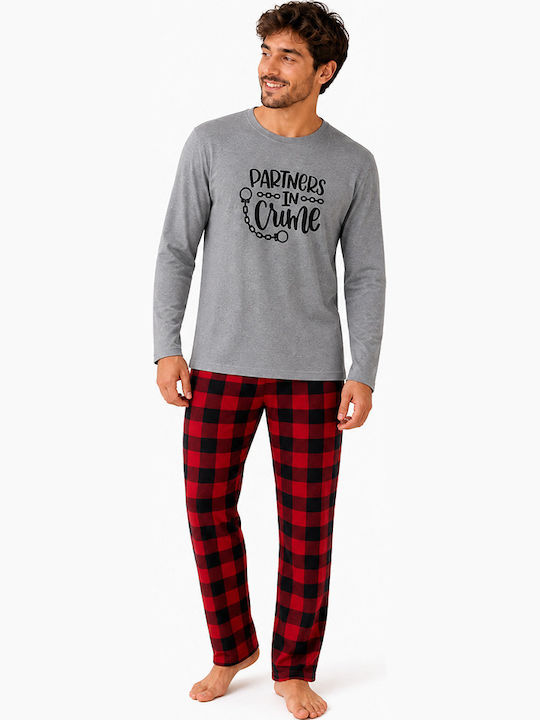 Comfort Pijama bărbătească de vară în carouri gri