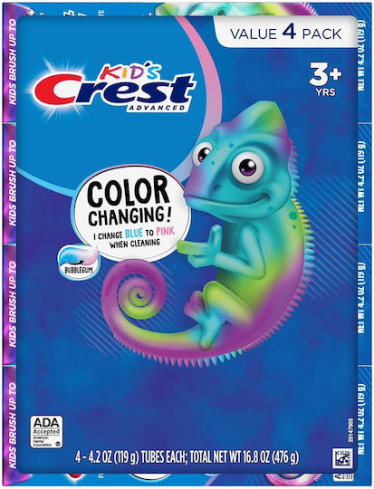 Crest Chameleon Kids Advanced Color Changing Fluoride Paste de dinți pentru bebeluși pentru 3m+ 4 buc cu aromă Gumă de mestecat 119gr