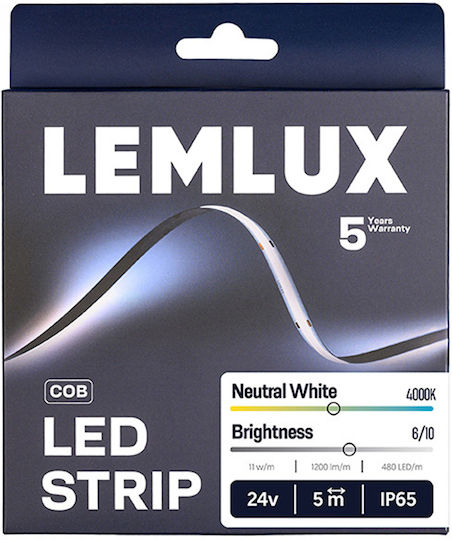 Lemlux Bandă LED Impermeabilă 24V Lumină Alb Natural 5m Tip COB cu Sursă de Alimentare
