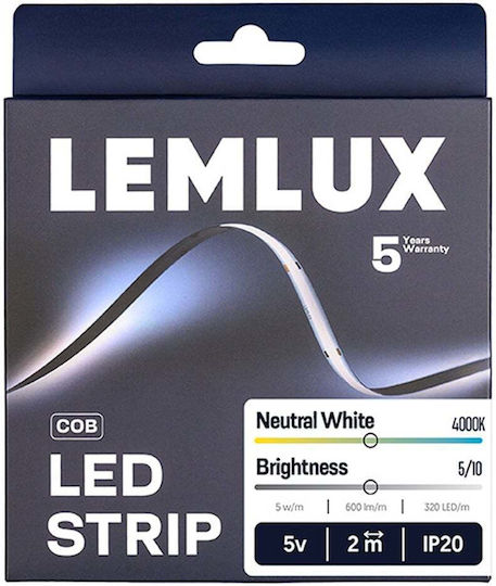 Lemlux Bandă LED pentru Televizor USB 5V Lumină Alb Natural 2m Tip COB cu Sursă de Alimentare
