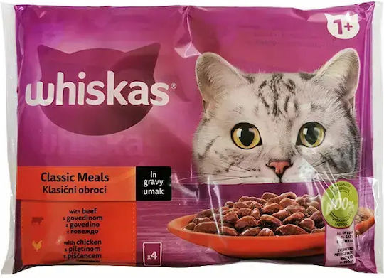 Whiskas Мокра храна за котки с Пилешко и Говеждо 4x85gr