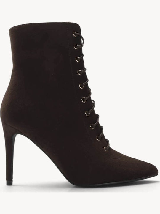 Brown Suede Ankle Boots With Laces High Thin Heel