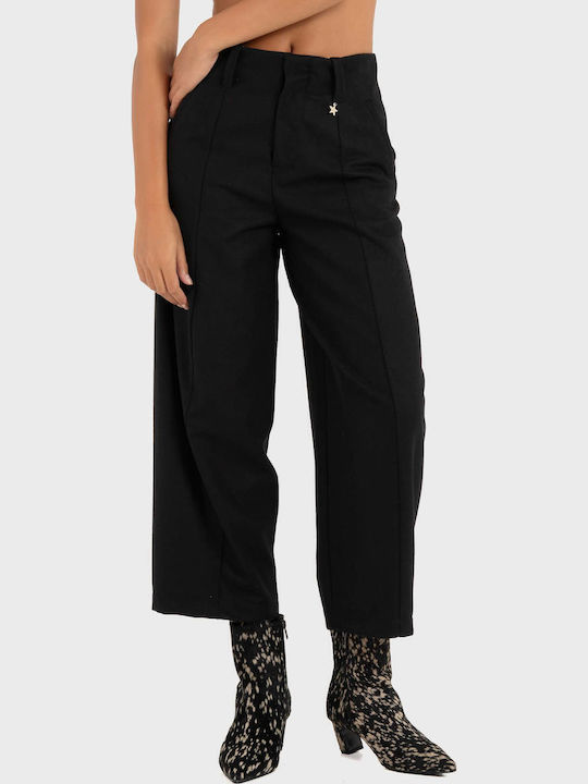 Damen Stoff Capri Hose in Balloon Bein Stil Schwarz F40X0117-Schwarz
