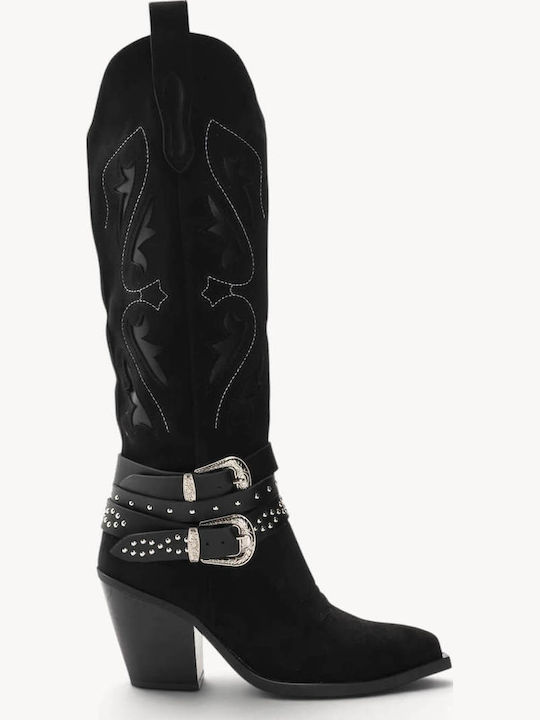 Schwarze Cowboy Stiefel mit Lochmustern und Dop...