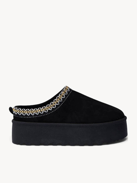 Μαύρα Suede Clogs Πλατφόρμα Κεντητές Λεπτομέρειες