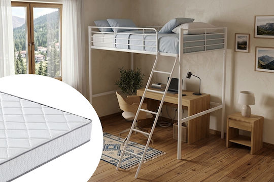 Pat pentru copii Loft Bed Single cu saltea Alb 90x200cm