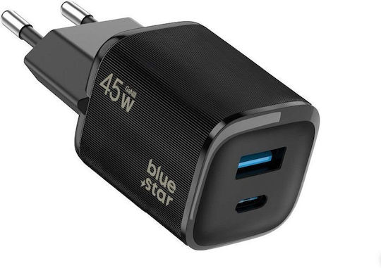 Blue Star Wireless Charger GaN With USB-A Output Port And USB-C Output Port 45W Power Delivery Black VT-334