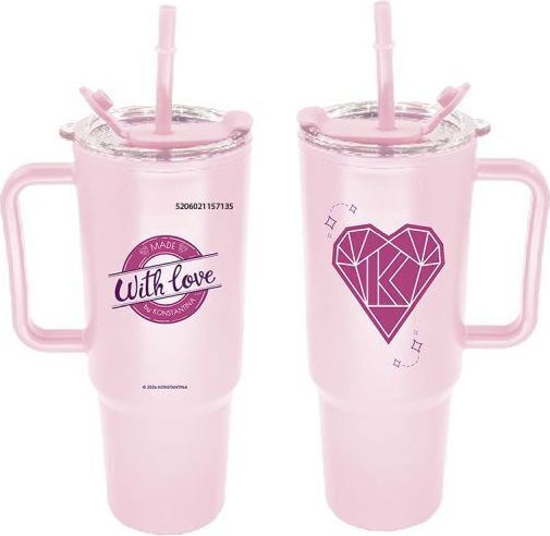 CHartini Poli Kids Thermos Water Bottle with Straw Pink 1000ml