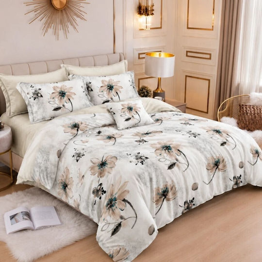 Pucioasa Set Duvet Cover 200x230cm Double with 4 Pillowcases and 1 Bed Sheet Beige Flowers 1