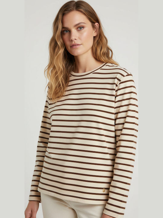 Damen Langärmeliges Baumwoll-Pullover Gestreift Praline