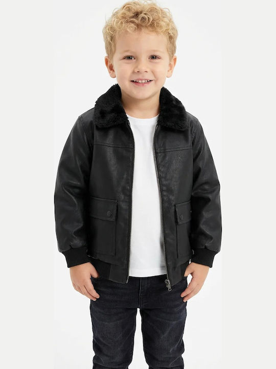 Kids Leather Jacket Short Double Sided with Lining Black