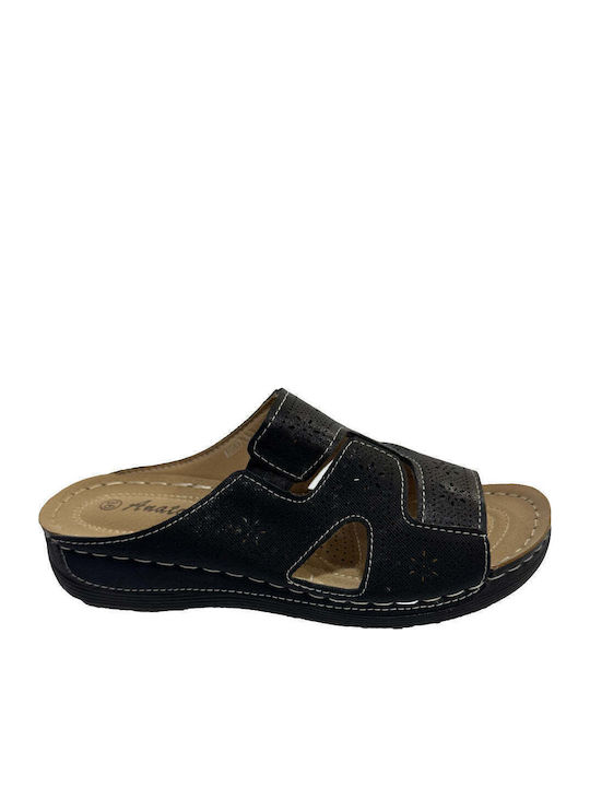 Damen Anatomisch Flache Sandalen Schwarz