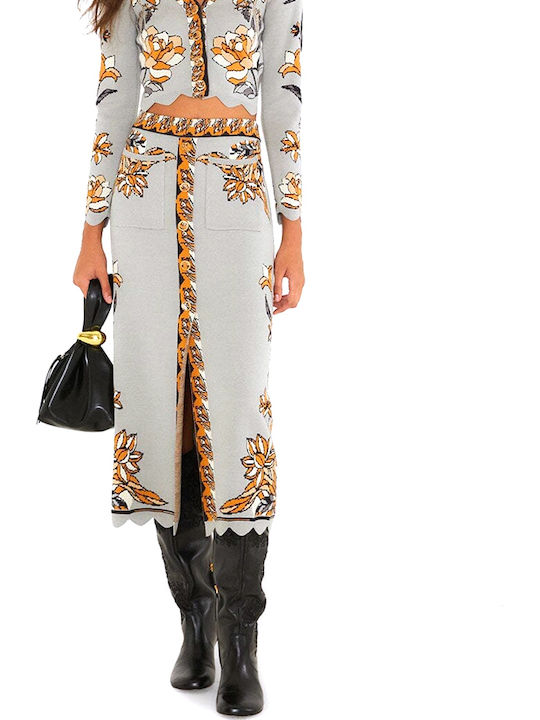 Hoch Taille Midi Blumenrock Grau- Schwarz- Orange