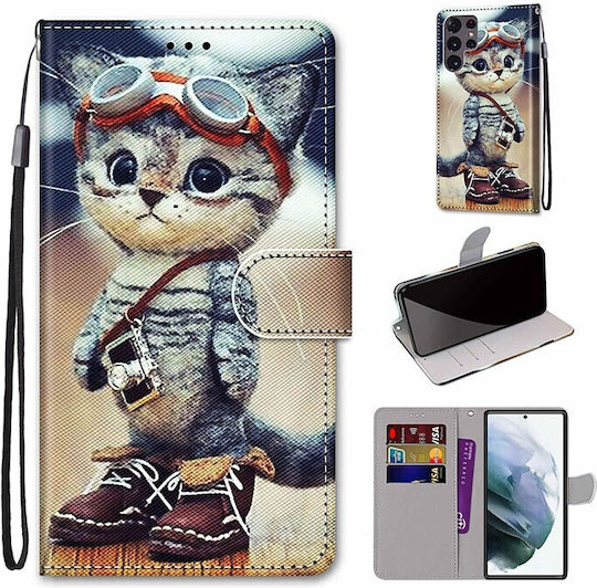 Coloured Drawing Cross Mobile Phone Case Wallet Leather Shoes Cat Samsung Galaxy S22 Ultra