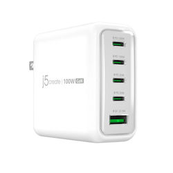 J5create Зарядно Устройство Без Кабел GaN с USB-A Изходен Порт и 4 USB-C Изходни Порта 100W Power Delivery Бял (JUP53100EF-N)