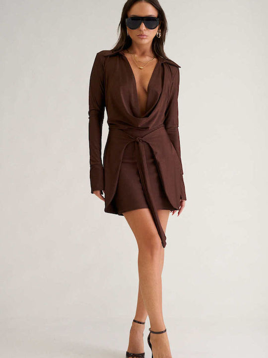 Summer Mini Shirt Dress Drape Dark Brown
