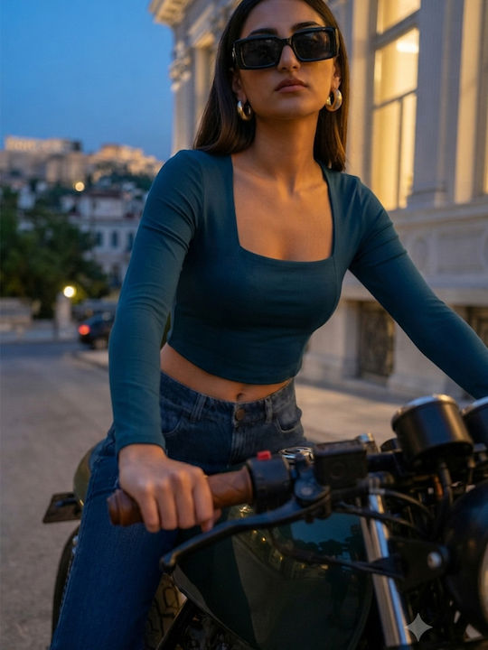 Γυναικείο Crop Top Μακρυμάνικο Πετρόλ