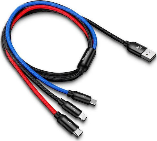 Baseus USB към Type-C / Lightning / micro USB Кабел 3.5A Син 0.3m CAMLT-ASY01
