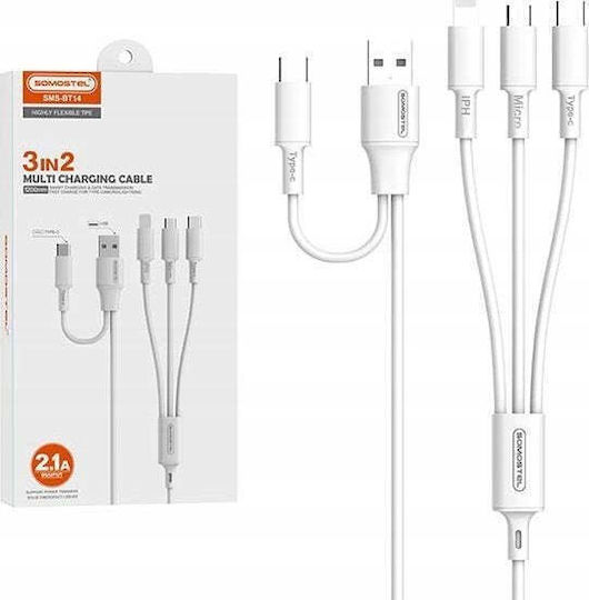 Somostel USB to Lightning / Type-C / micro USB Cable 2.1A Λευκό 1.2m 33715
