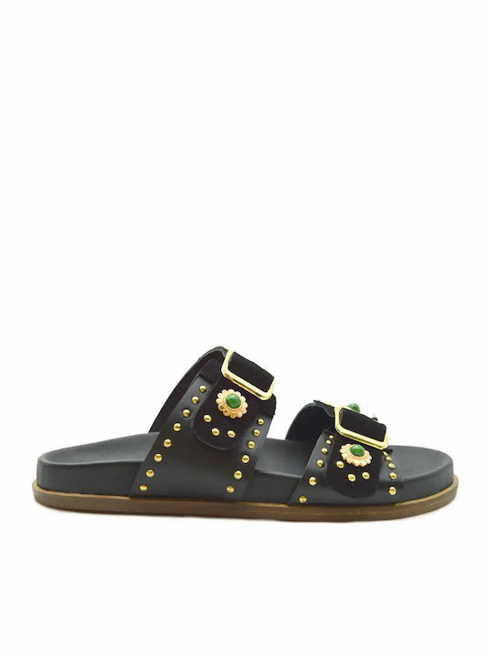 Leder Damen Anatomisch Flache Sandalen Schwarz