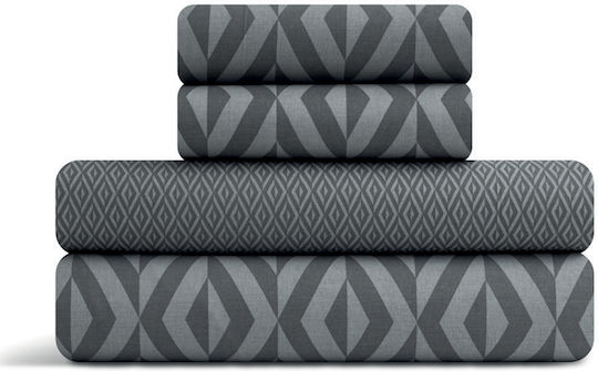 Lino Home Set Cearceafuri de Pat Super Duble cu Hugger din Cauciuc 170x200+35cm Ikat Gri Închis (4 Bucăți)