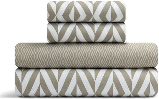 Lino Home Set Cearceafuri De Pat Super Duble Cu Hugger Din Cauciuc 170x200+35cm Ikat Bej (4 Buc)
