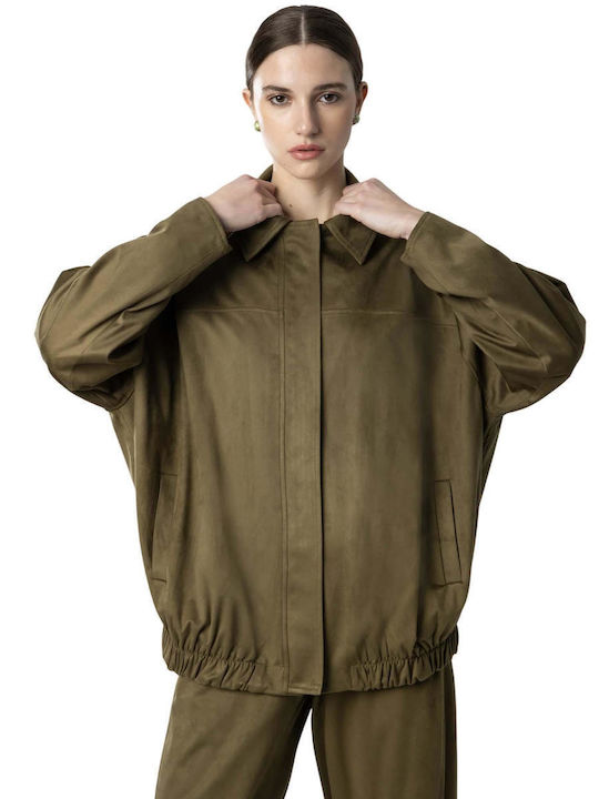 Damen Wildleder Bomber Jacke Khaki