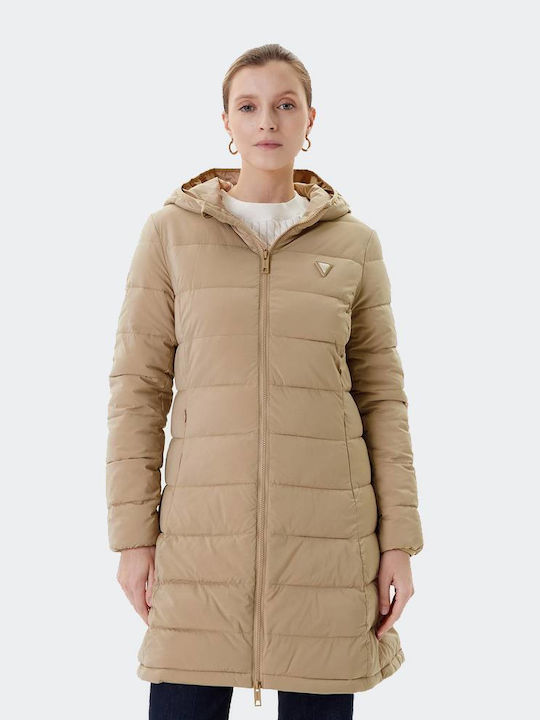 Guess New Aleta Дълго Дамско Puffer Яке за Зима Бежово